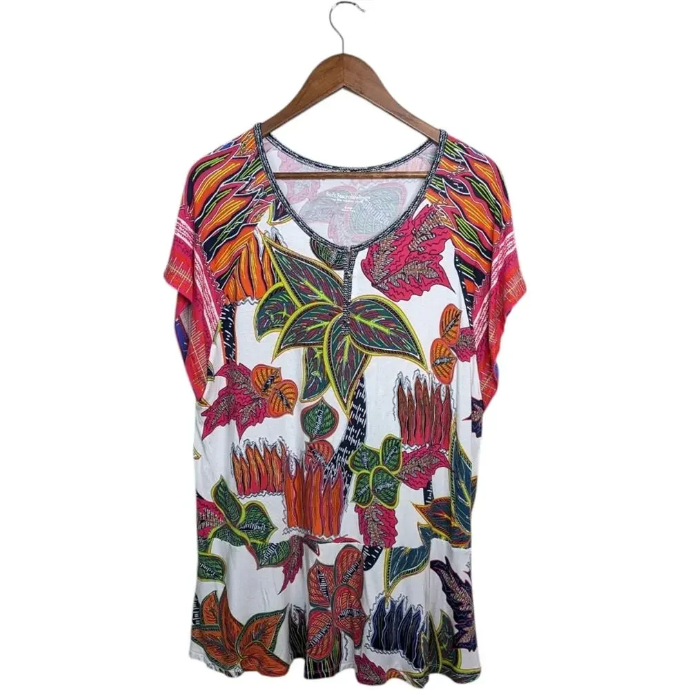 Soft Surroundings Tigerwood Tunic Top XL Tropical Floral Resort Travel Henley
